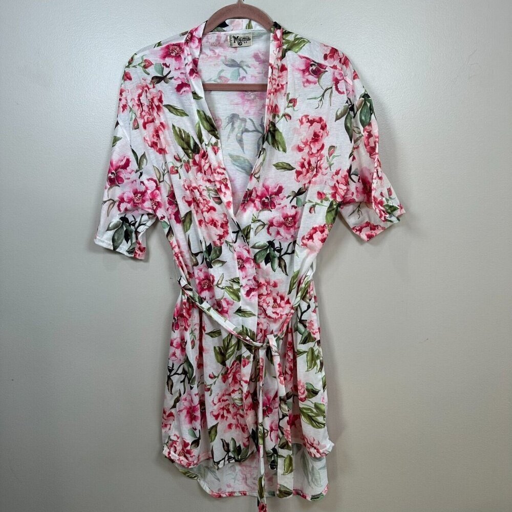 Show Me Your Mumu Womens One Size Floral Robe White Pink Belted Lightweight - Picture 1 of 8